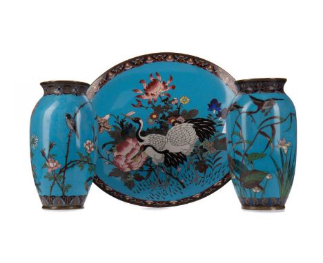EARLY 20TH CENTURY JAPANESE CLOISONNE ENAMEL PLATE,featuring two cranes amongst floral blooms, 29.7cm diameter, and a similar