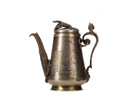 PERSIAN WHITE METAL MINIATURE TEA POT,the lid with a cast hand finial, the body with bright cut decoration of figures, flora 