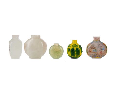 CHINESE JADE SNUFF BOTTLE,20th century, with twin carved taotie masks, 6.2cm high, two further jade snuff bottles, an enamell