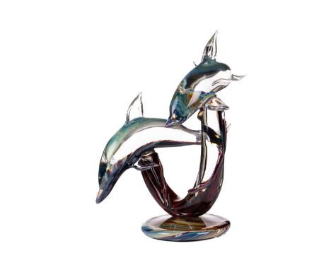 Mirco Bastianello, a Murano glass sculpture of two swimming dolphins on a U-shaped pedestal and circular base, etched signatu