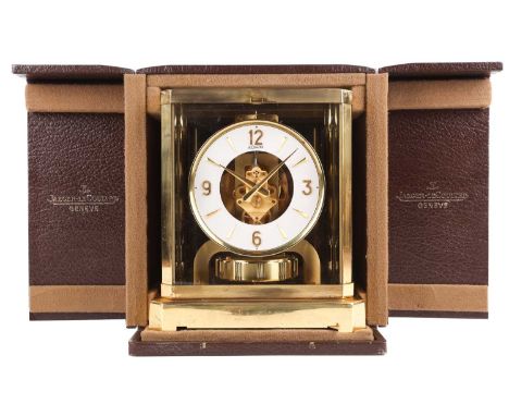 A Jaeger-LeCoultre Atmos Classic VIII gilt brass clock, serial number 224004, in original leather case with outer cardboard c