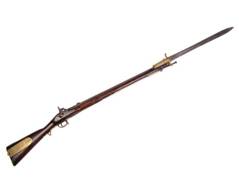 A Victorian 'Brunswick' military percussion rifle and sword bayonet, the lock dated 1864 and marked "Tower" the walnut stock 