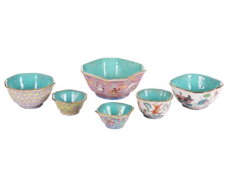 A small collection of Chinese Famille Rose porcelain small bowls, late Qing Dynasty/Republic, with copper blue interiors, and