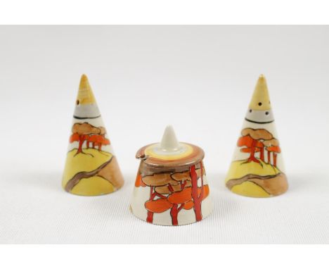 CLARICE CLIFF. A Wilkinson Ltd., Clarice Cliff Bizarre conical cruet set in the Coral Firs pattern, Marks to base. Condition 