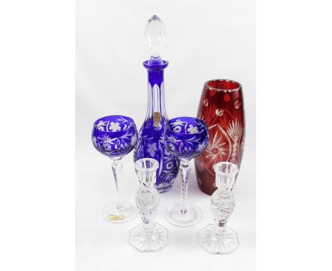 Bohemian Cut Crystal Blue overlay glass decanter, with matching Hock glasses and a Bohemian Red overlay glass vase and 2 Clea