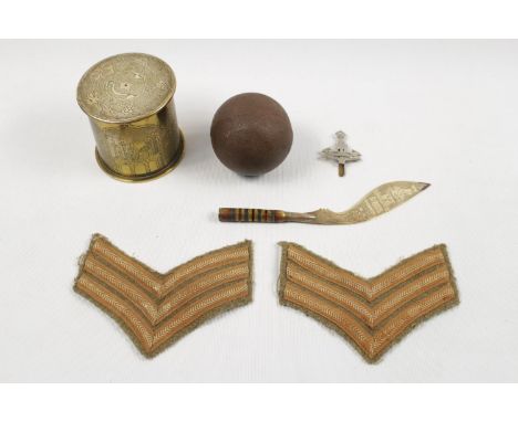 Brass Trench Art Mesopotamia lidded Jar 1916-19 with Ribbon and Floral decoration, Trench Art Letter Opener, WW1 Circular Gre