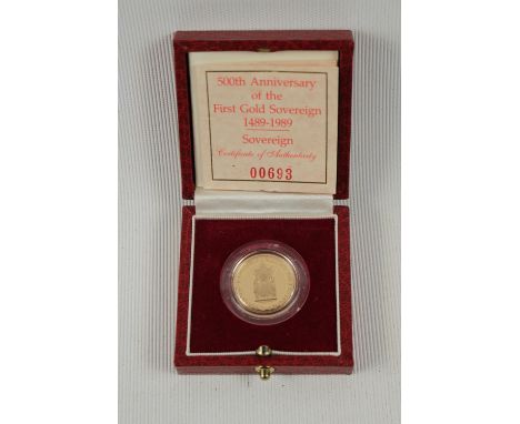 Cased 1989 Proof 500th Anniversary of the First Gold Sovereign 1489-1989 693 of 12500 with Documentation 
