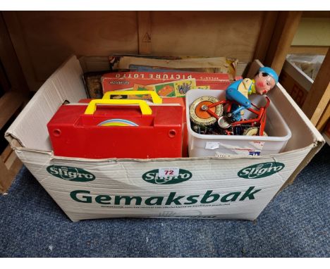 A collection of vintage toys and comics, to include a Triang Gyro-Cycle; two Fisher-Price toys, comprising a Music Box/Record