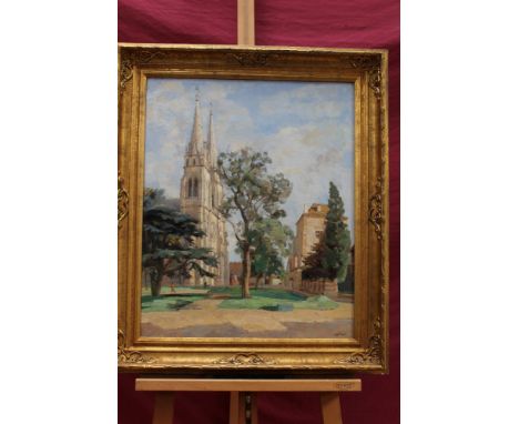 Rene Cottet (1863-1925) oil on panel - Cathedral de Moulins, signed, in gilt frame, 61cm x 50cm 