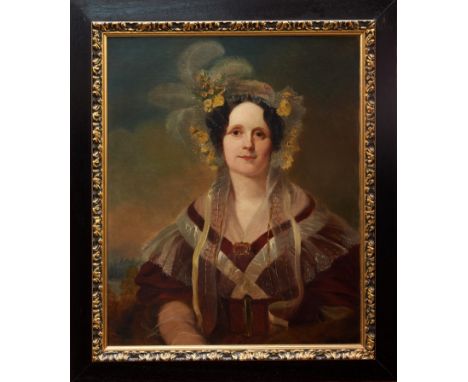 19th century English school oil on canvas - portrait of a lady with flowers and feathers in her hair, in gilt and ebonised fr