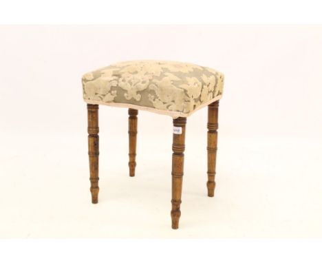 Regency fruitwood stool with rectangular padded seat on ring-turned legs 