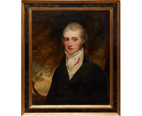 Attributed to John Moir (1776-1857) early 19th century oil on canvas - portrait of a gentleman in woodland, in gilt and eboni