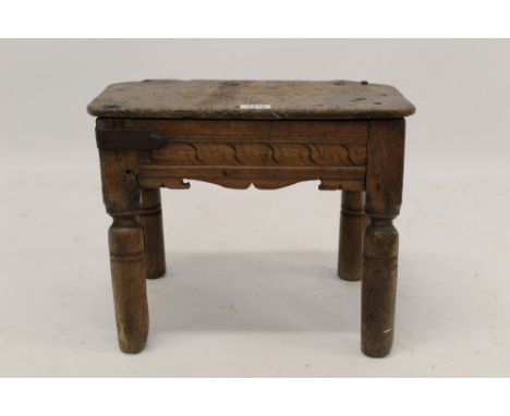 Late 17th century joint stool, carved frieze on turned supports (reduced in height), 42cm wide x 24cm deep x 33cm high 