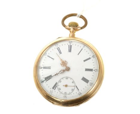 Late 19th century 14ct gold open face pocket watch with keyless movement and white enamel dial, 46mm diameter 