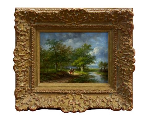 Jan Evert Morel II (1835-1905) oil on panel - figures on a woodland path, signed, in gilt frame, 19cm x 23.5cm 