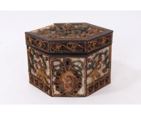 George III navette form rolled paper tea caddy, with mother of pearl and foliate rolled paper ornament, 17cm wide 