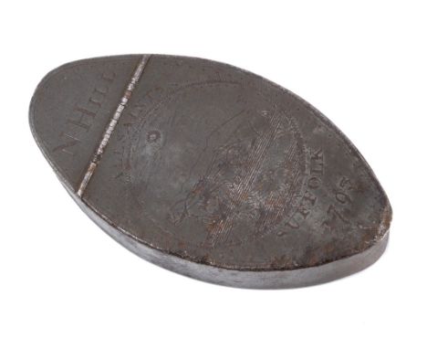 Of local interest: Rare George III engraved steel snuff box of navette form with hinged cover, engraved with horse and plough