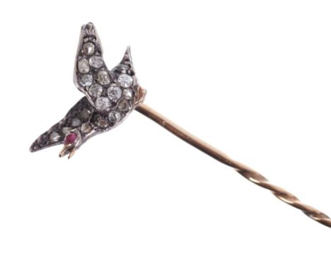 Antique diamond novelty stick pin in the form of a flying duck / game bird with old cut diamonds in silver setting Very good 