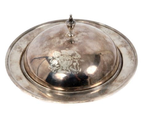 Royal George111 silver muffin dish and cover with engraved Roal crest to circular dished base ,the domed cover with engraved 