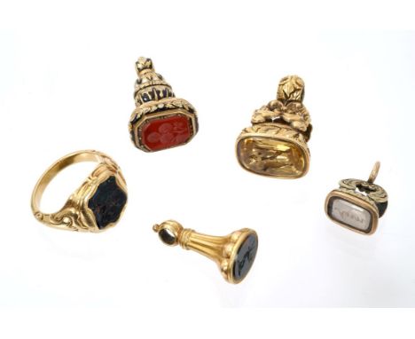 Four 19th century seals and a gold signet ring with hardstone intaglio. Tallest seal - Regency, the enamelled decoration is i