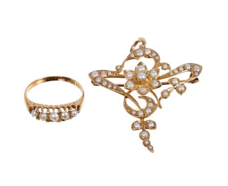 Edwardian gold and seed pearl pendant with stylised floral whiplash scrolls, 51mm, together with a late Victorian 18ct gold a