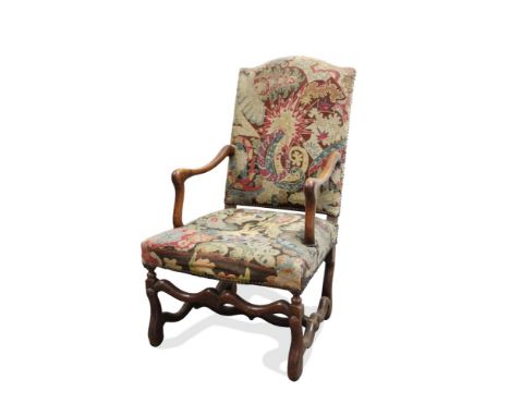 18th century French walnut tapestry upholstered open armchair with arched tapestry upholstered back and seat on cabriole legs