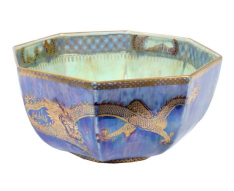1920s Wedgwood dragon lustre bowl of octagonal form, with gilt dragons chasing pearl decoration - printed marks, 22.5cm 