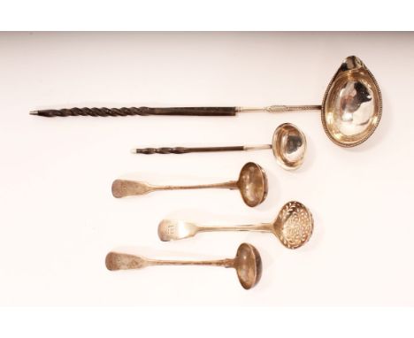 George III silver toddy ladle with bead edge bowl, bright cut decoration and twisted whalebone handle. (London 1787) another 