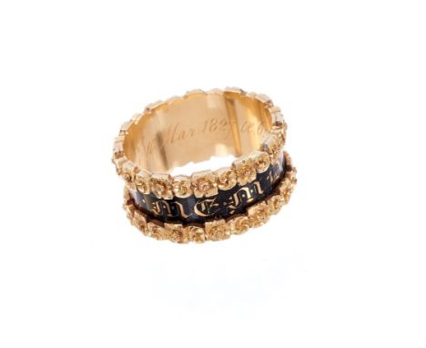 Georgian 18ct gold and black enamel mourning ring, the shank engraved ‘Josh. Hallewell Ob. 10th Mar: 1827 Ae 65’, in original