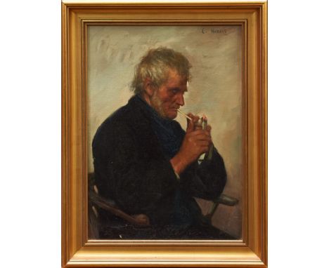 Edwin Harris (1855-1906) oil on canvas - portrait of a fisherman lighting a clay pipe, signed, in gilt frame, 37cm x 26cm 