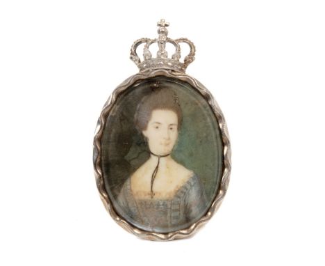 18 th century miniature on ivory portrait of a noblewoman wearing a black ribbon and crucifix, pale-grey dress with lace trim