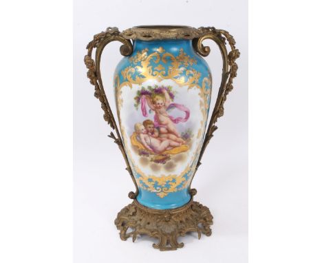 19th century Sèvres-style ormolu mounted lamp base vase, with putti and floral reserves on blue and gilt ground with rococo-s