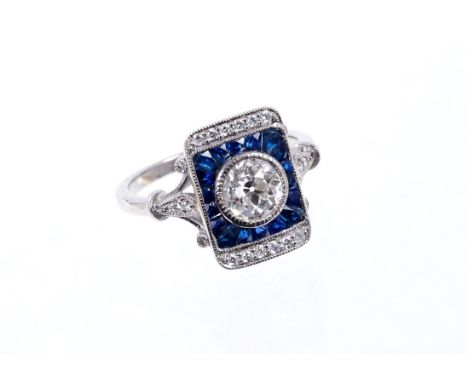 Art Deco-style sapphire and diamond ring, the rectangular plaque with a central old cut diamond estimated to weigh approximat