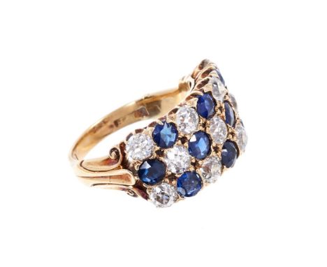 Late Victorian diamond and sapphire triple row ring with three rows of old cut diamonds alternating with round mixed cut blue