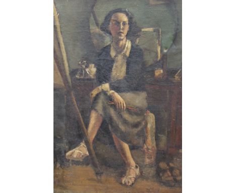 20th century Bloomsbury School oil on canvas - portrait of a female artist in an interior, unframed, 59cm x 49cm 