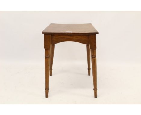 19th century elm and cherrywood occasional table with square top above a shaped apron on ring-turned legs, 38cm wide x 54cm h