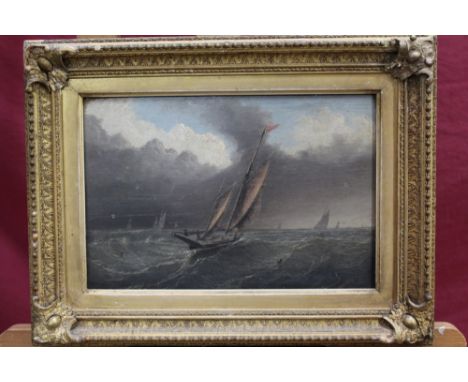 Thomas Lucop (1834-1911) oil on panel - shipping at sea, signed, in gilt frame, 19cm x 29cm 