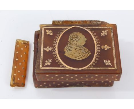 18th century tortoiseshell and gold piqué box, rectangular form, centred by profile portrait of George III, the interior with