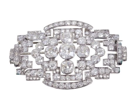 Fine Art Deco diamond plaque brooch, the openwork lozenge shape plaque set with old cut diamonds, the principal diamond estim