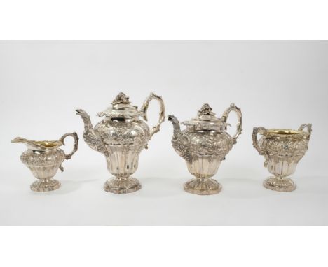 Fine quality William IV four piece tea and coffee set - comprising teapot of inverted baluster form, with engraved armorial c