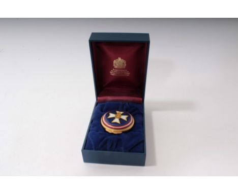 The Royal Victorian Order – Halcyon Days circular enamel box with Royal Victorian Order badge and collar chain decoration ‘To