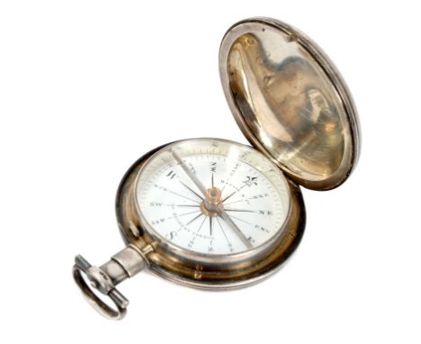 19th century cased Harris &amp; Co. compass, marks rubbed, close-faced pocket watch form, with painted white enamel dial sign