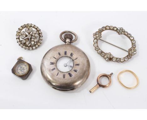 Swiss silver half hunter pocket watch and other costume jewellery 18ct gold wedding ring weighs approximately 2.1 grams