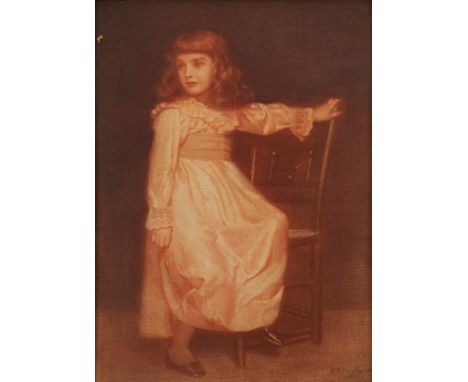 Edward Robert Hughes (1851-1914) sanguine chalks - portrait of a young girl leaning on a chair, signed and dated 1896, in gla