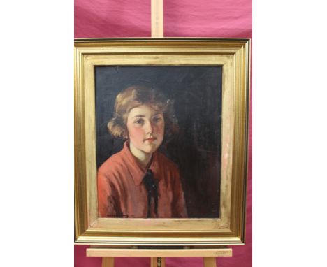 Allan Douglas Davidson (1873-1932) oil on board - portrait of a young girl in red shirt, signed and dated 1931, in gilt frame