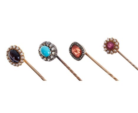 Four antique stick pins – to include a turquoise and rose cut diamond cluster, Victorian banded agate and seed pearl cluster,