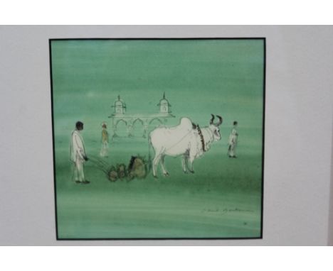*David Gentleman (b.1930) pair of pen, ink and watercolours - Bullocks at work, signed, in glazed gilt frames, 15cm square, t