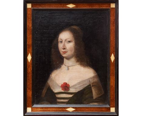 17th/18th century English school oil on canvas - portrait of a noble lady wearing a pearl pendant, in ebonised and burr venee