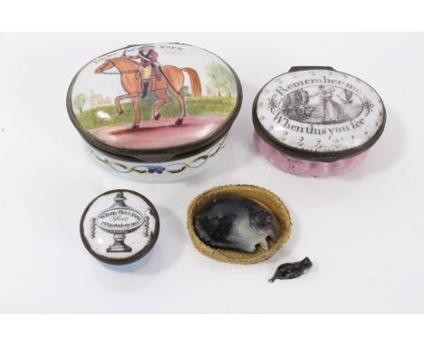 18th century Staffordshire enamel patch box, oval form, the cover with cartouche depicting a sailor’s return and legend ‘Reme