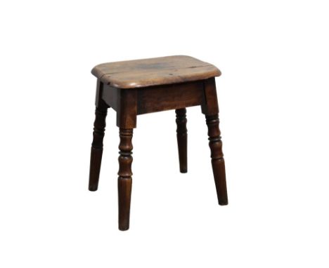 William IV yew wood stool, rounded rectangular top on splayed reel turned supports, 37cm wide x 28cm deep x 46cm high 